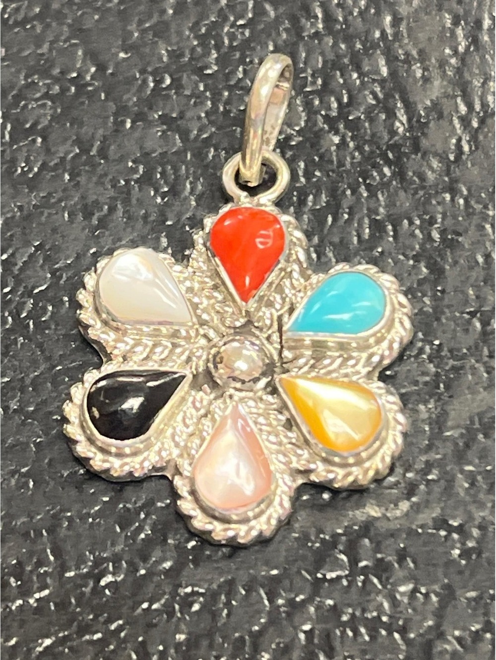 Zuni flower design handmade sterling silver turquoise multi cluster pendant